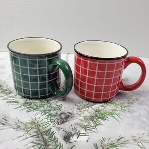 Pair of Hallmark Mugs in Red and Green with White Gridlines